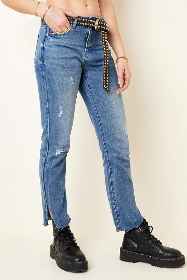Enkellange jeans met splitzomen en versleten details Blauw XS